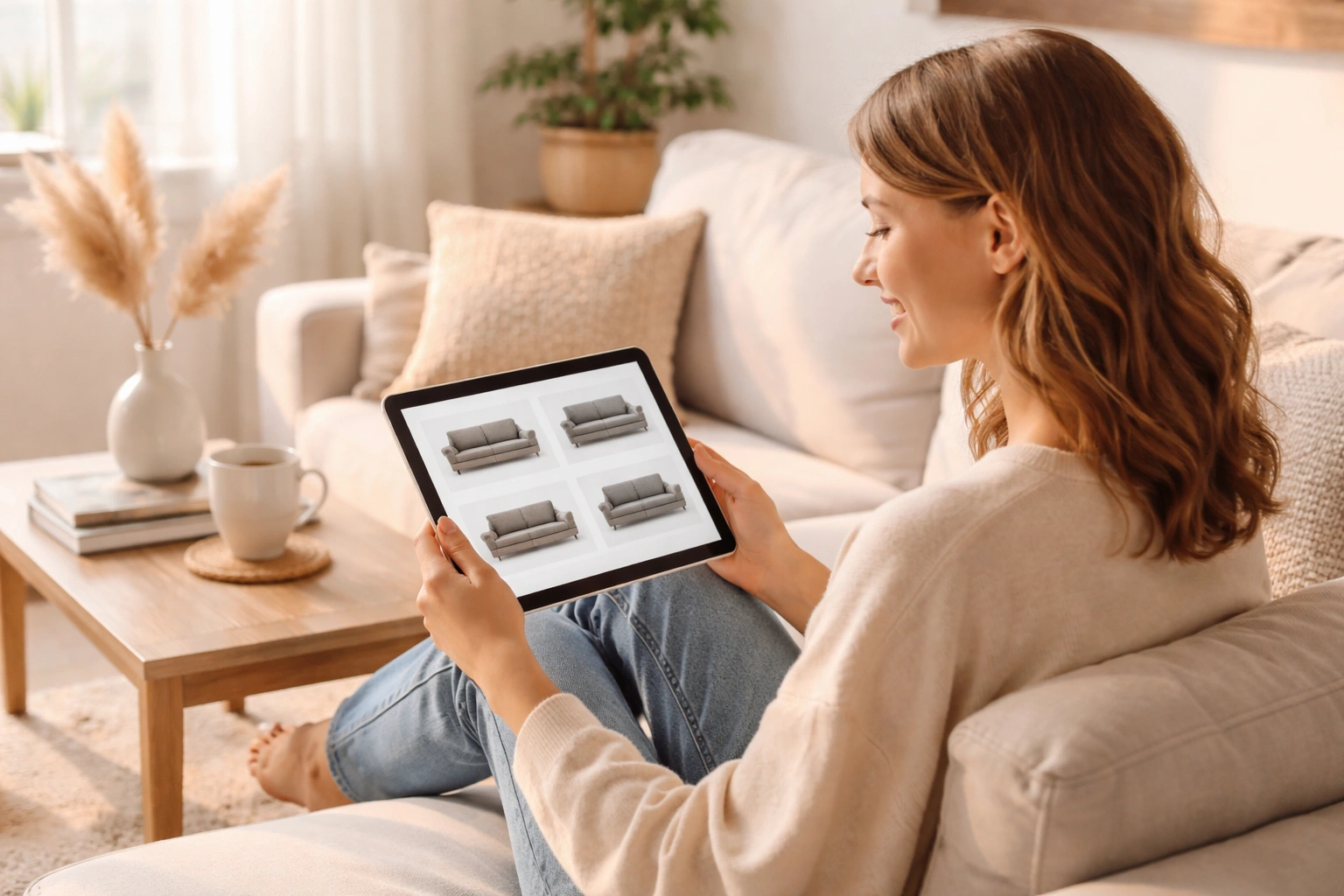 Woman researching sofa information on tablet