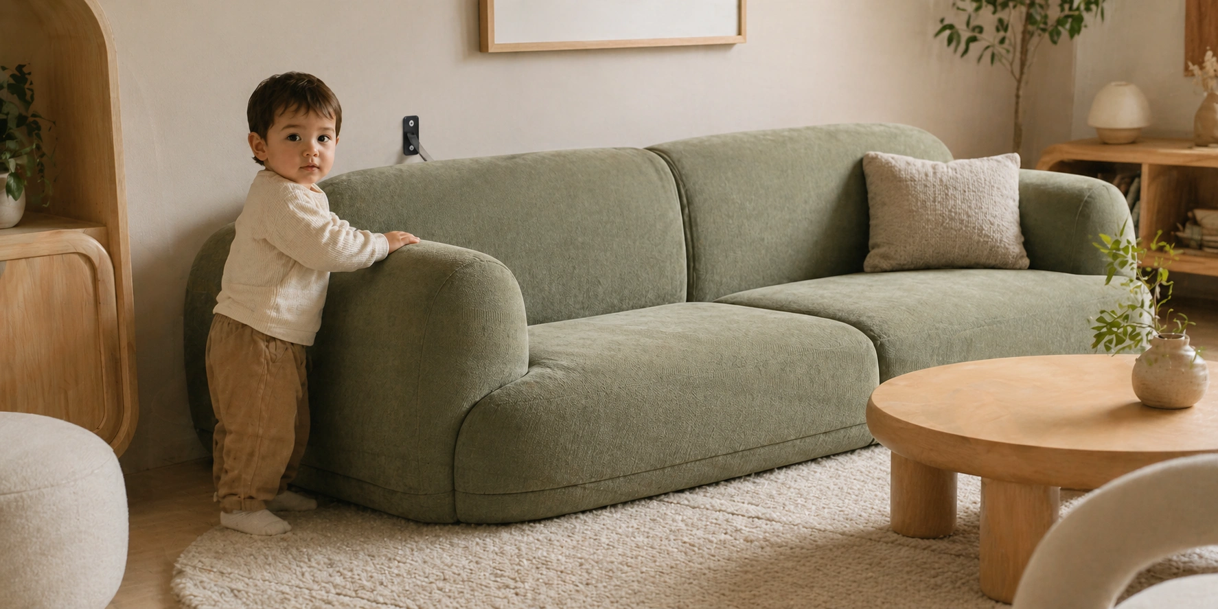 Child-safe sofa with rounded edges and tip-over prevention in a family living room