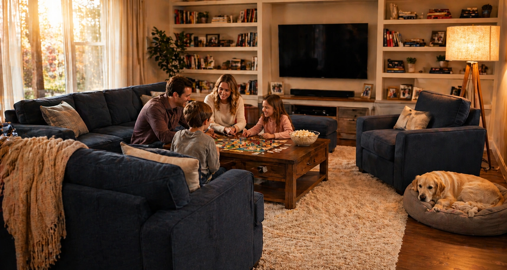 Sofa set styled in a family room setting
