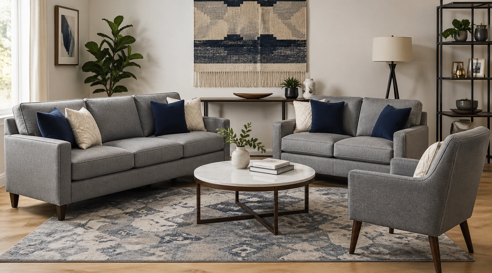 Complete 3-piece sofa set in a well-designed living room