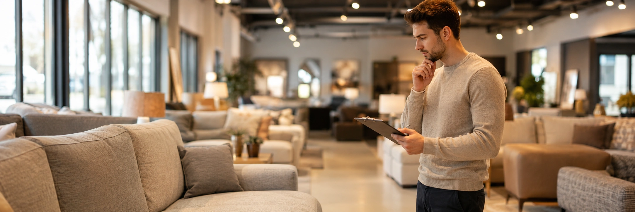 Person shopping for sofa with clipboard comparing prices and quality features at furniture store