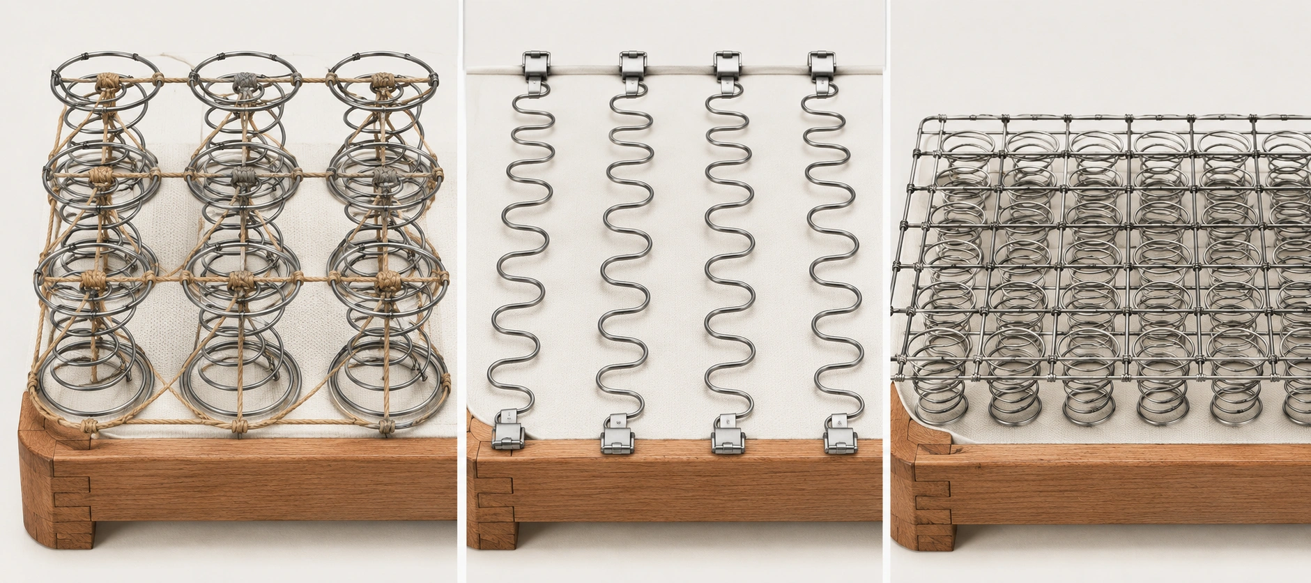 Diagram comparing eight-way hand-tied springs, sinuous no-sag springs, and drop-in coil units