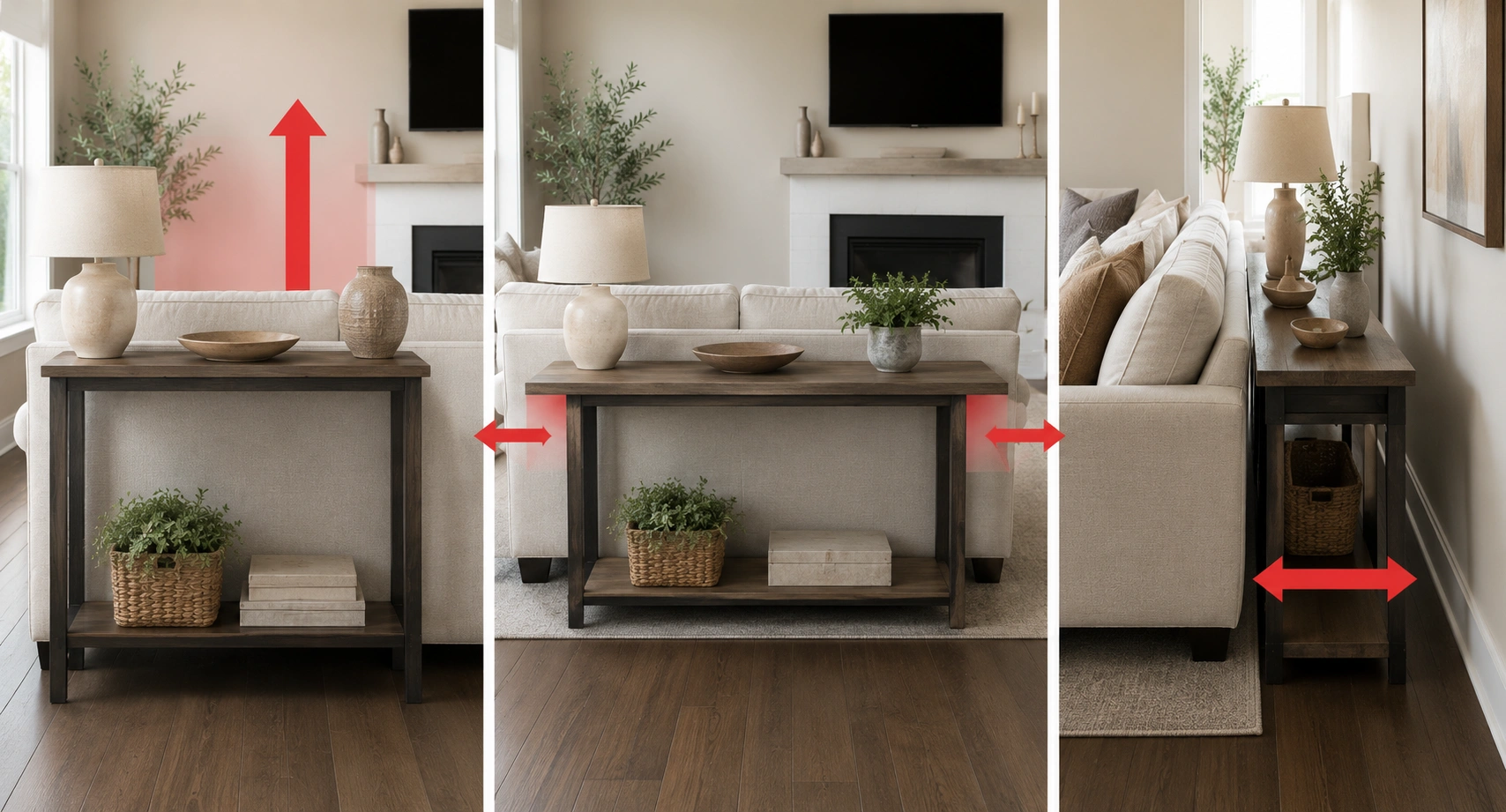 Illustration of common sofa table placement and sizing mistakes