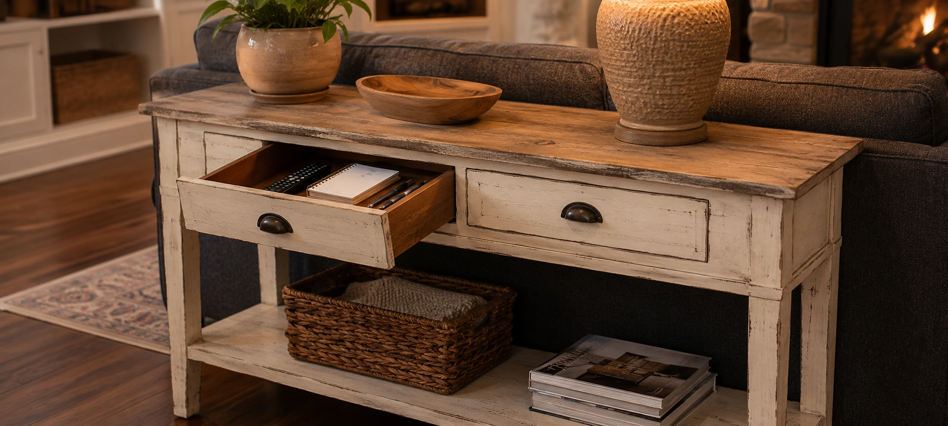 Sofa table with drawers and shelves for storage
