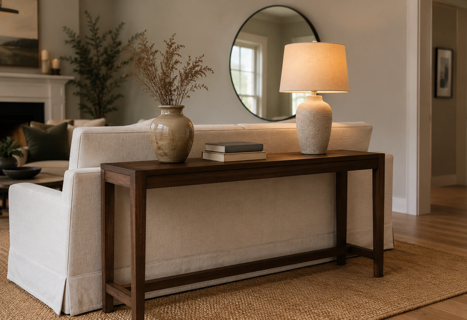 Stylish sofa table behind a modern sofa in a well-decorated living room