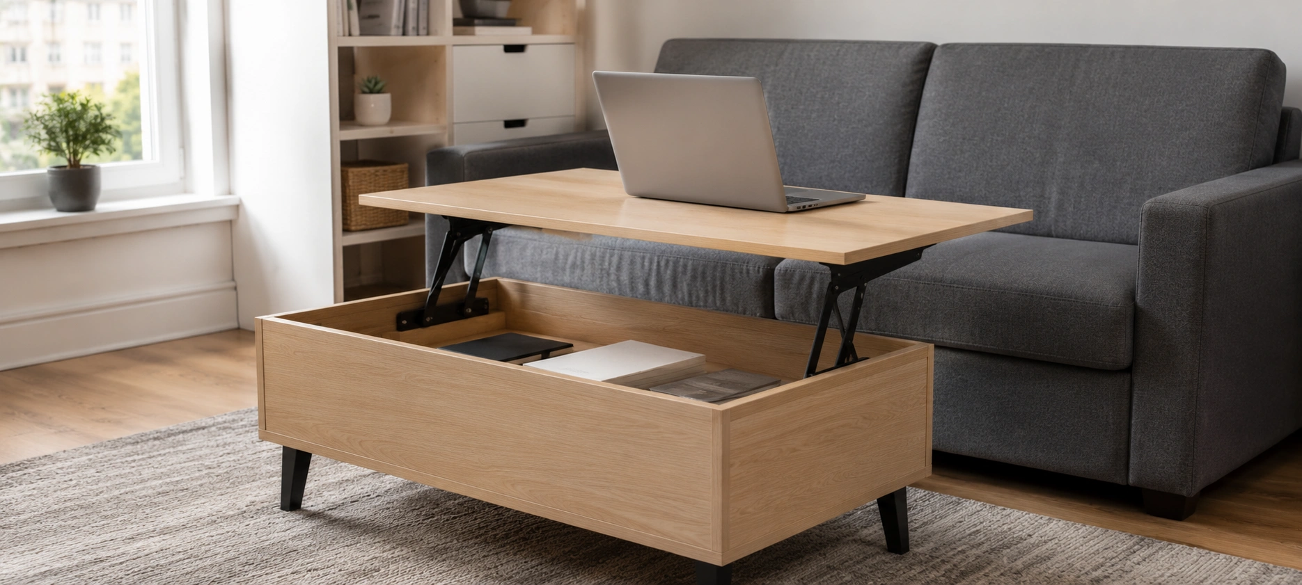 Lift-top sofa table with raised surface for laptop or dining