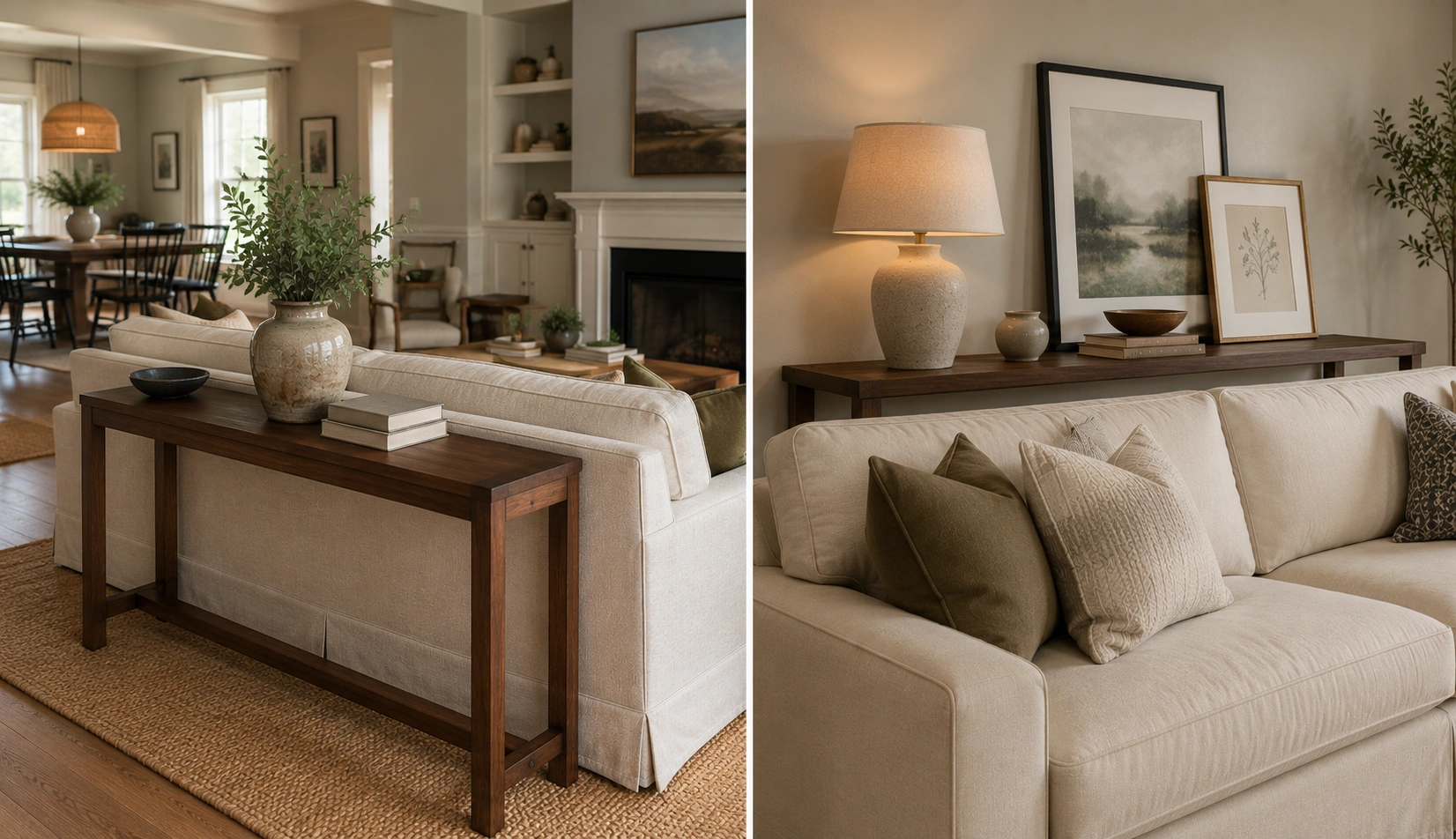 Various sofa table placements in different room layouts