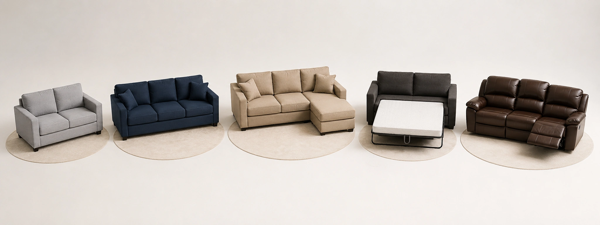 Different sofa types arranged showing price differences between sectional sleeper recliner loveseat and standard sofa