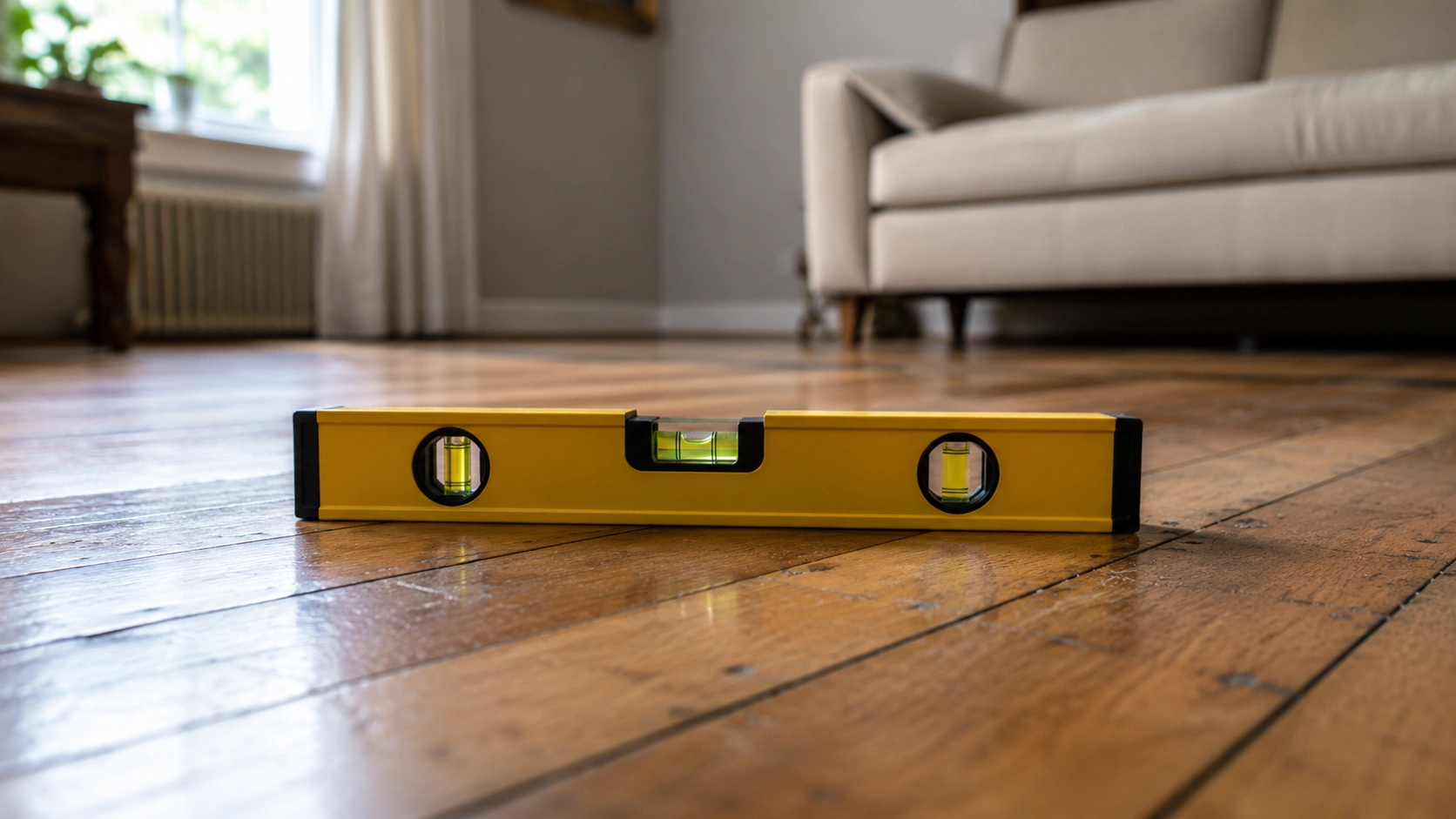 Checking floor evenness with a spirit level to determine if the floor or sofa is causing the wobble