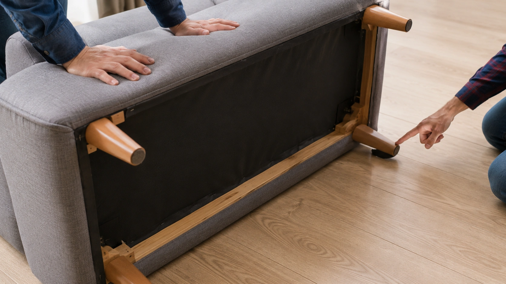 Diagnosing a wobbly sofa by checking each leg for looseness and uneven contact with the floor