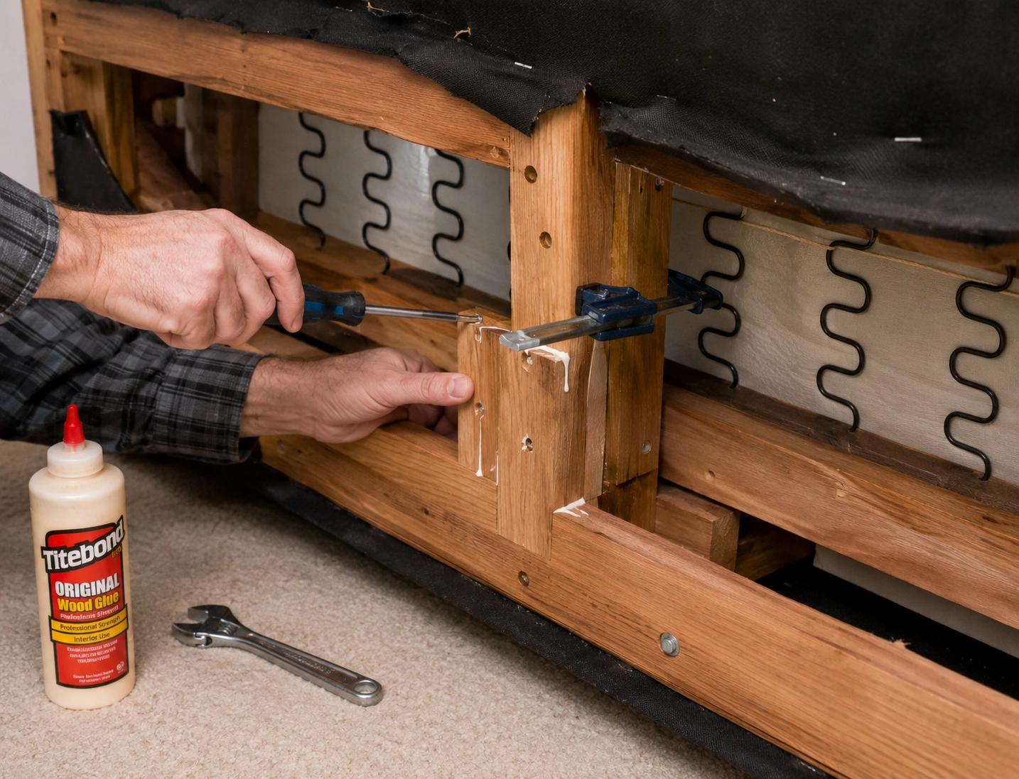 Person inspecting sofa frame joints for squeaky noise source with screwdriver