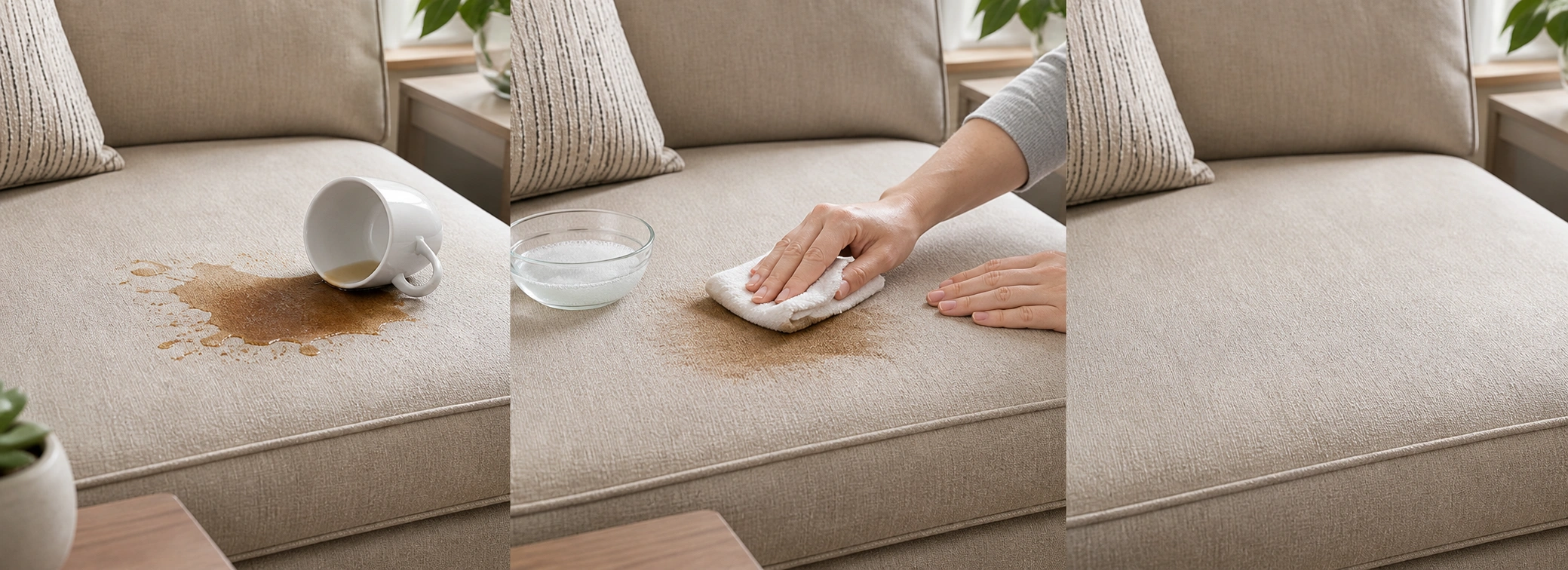 Step by step stain removal process on sofa upholstery showing before and after