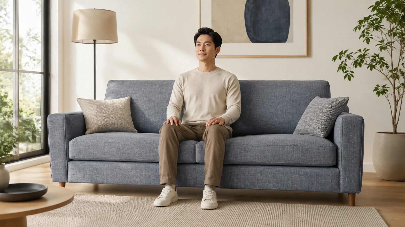 Standard seat depth sofa showing upright comfortable sitting posture