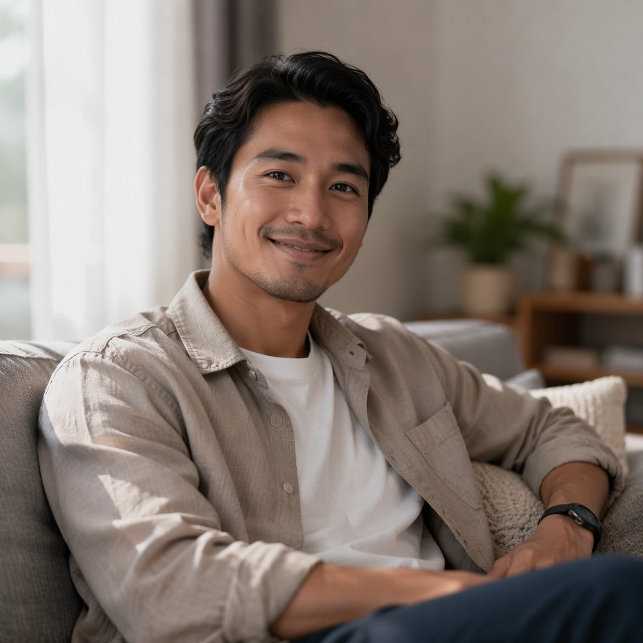 Person exploring different sofa styles and fabrics