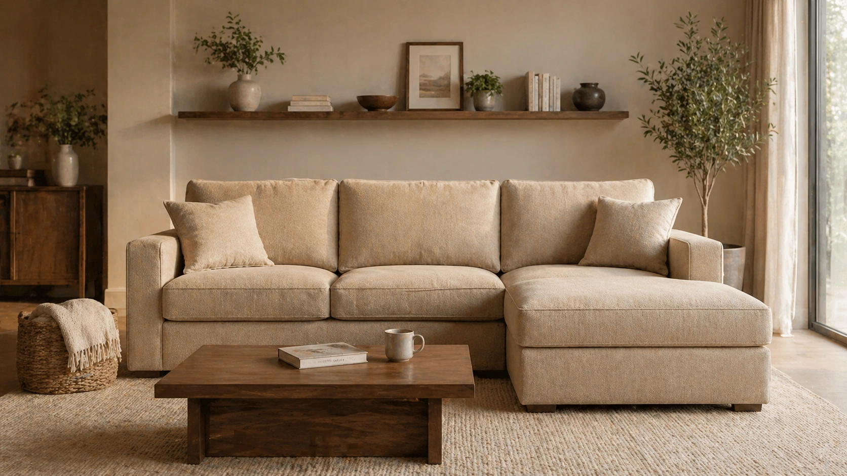 Clutter-free living room with a storage sofa hiding blankets and essentials