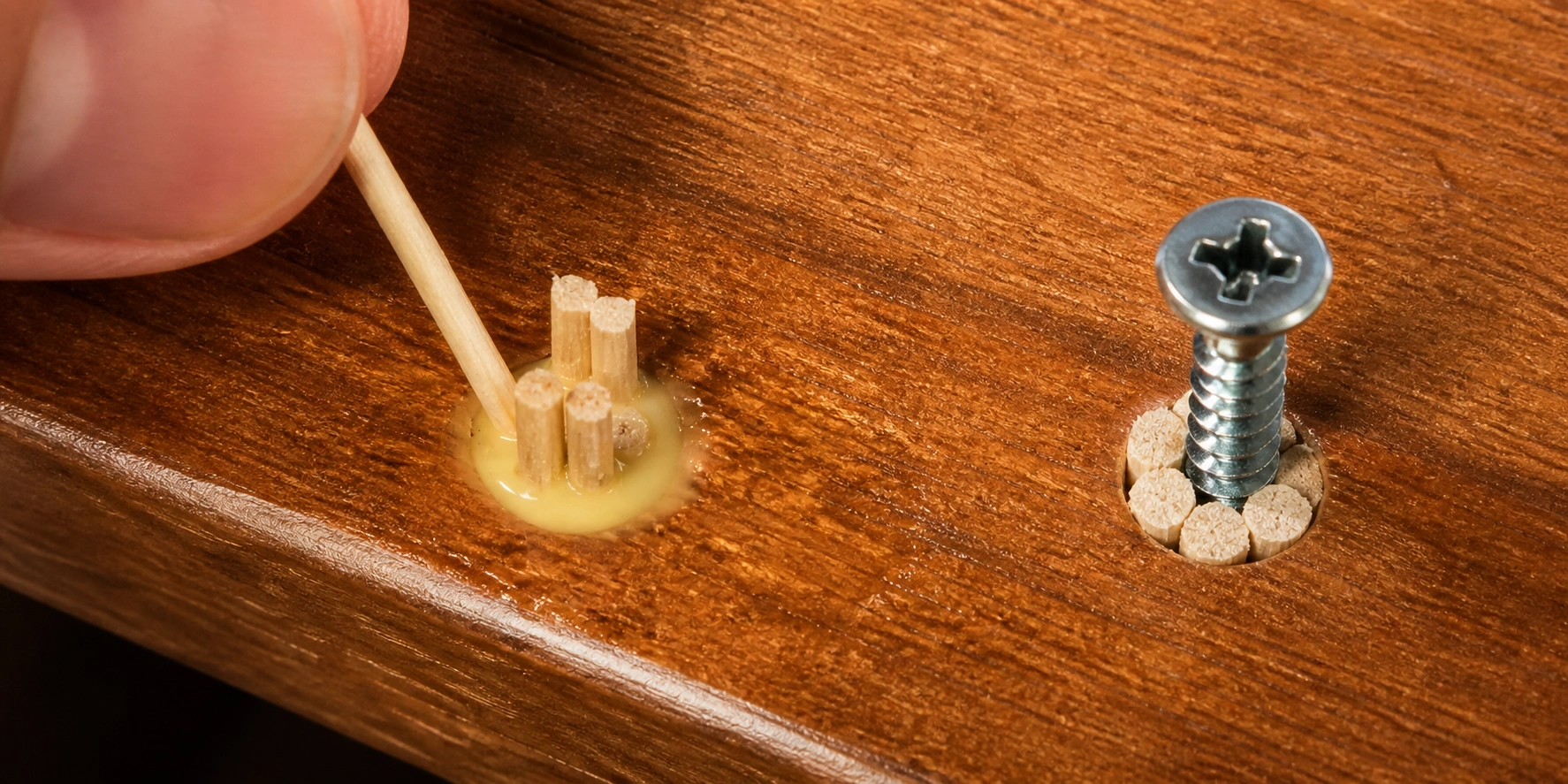 Using wood glue and toothpicks to fill a stripped screw hole in sofa frame