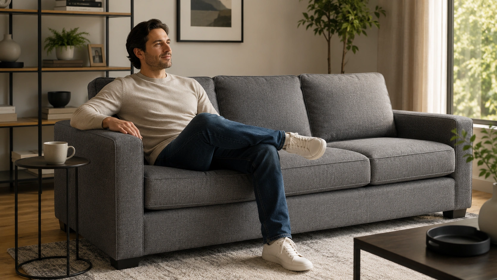 Person testing sofa comfort by sitting and evaluating seat depth and back support