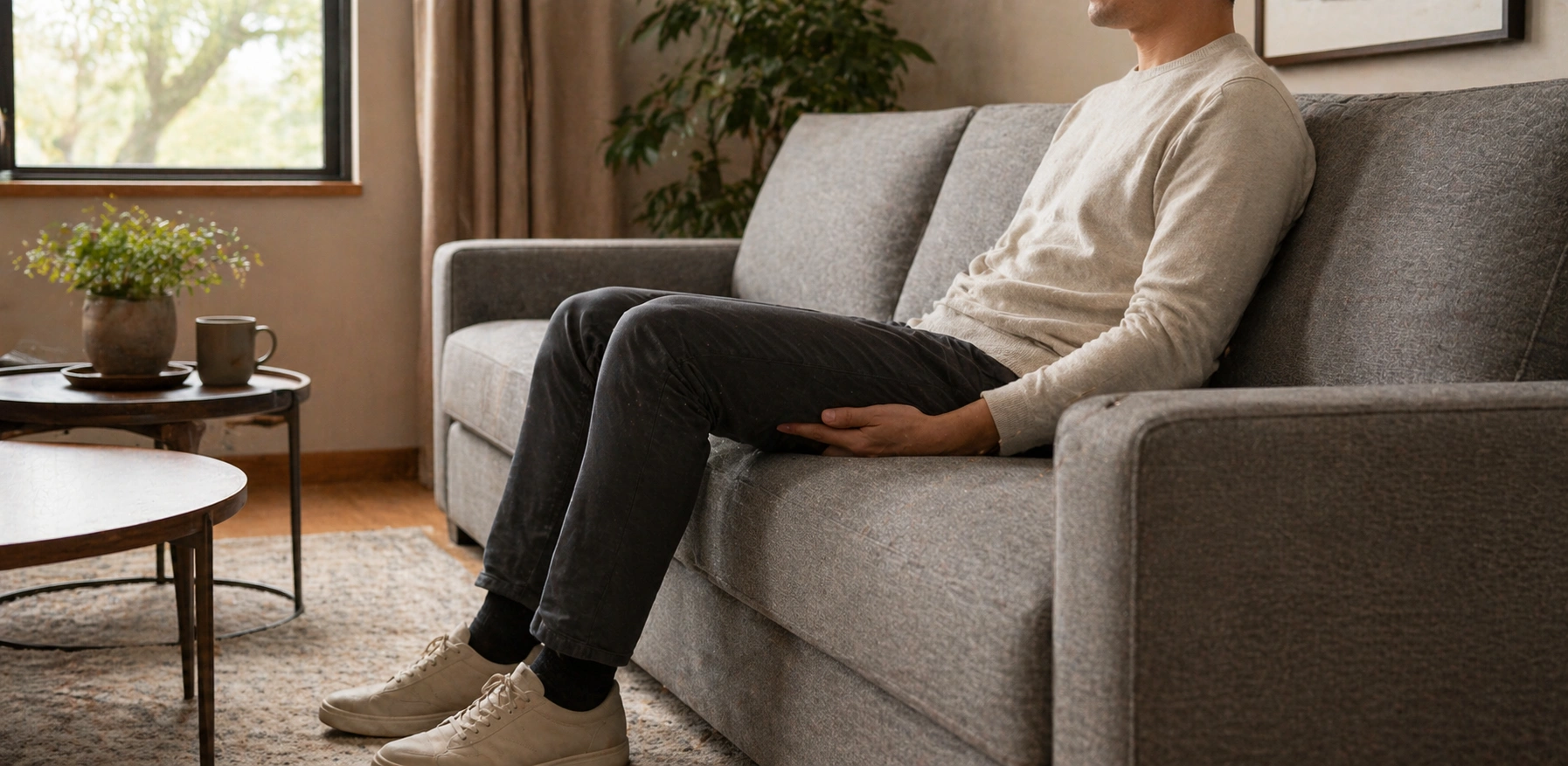 Person testing sofa seat depth with proper sitting posture checking back support and feet position