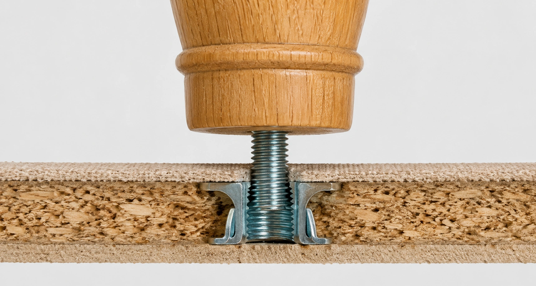 Threaded insert sofa leg attachment showing bolt and T-nut