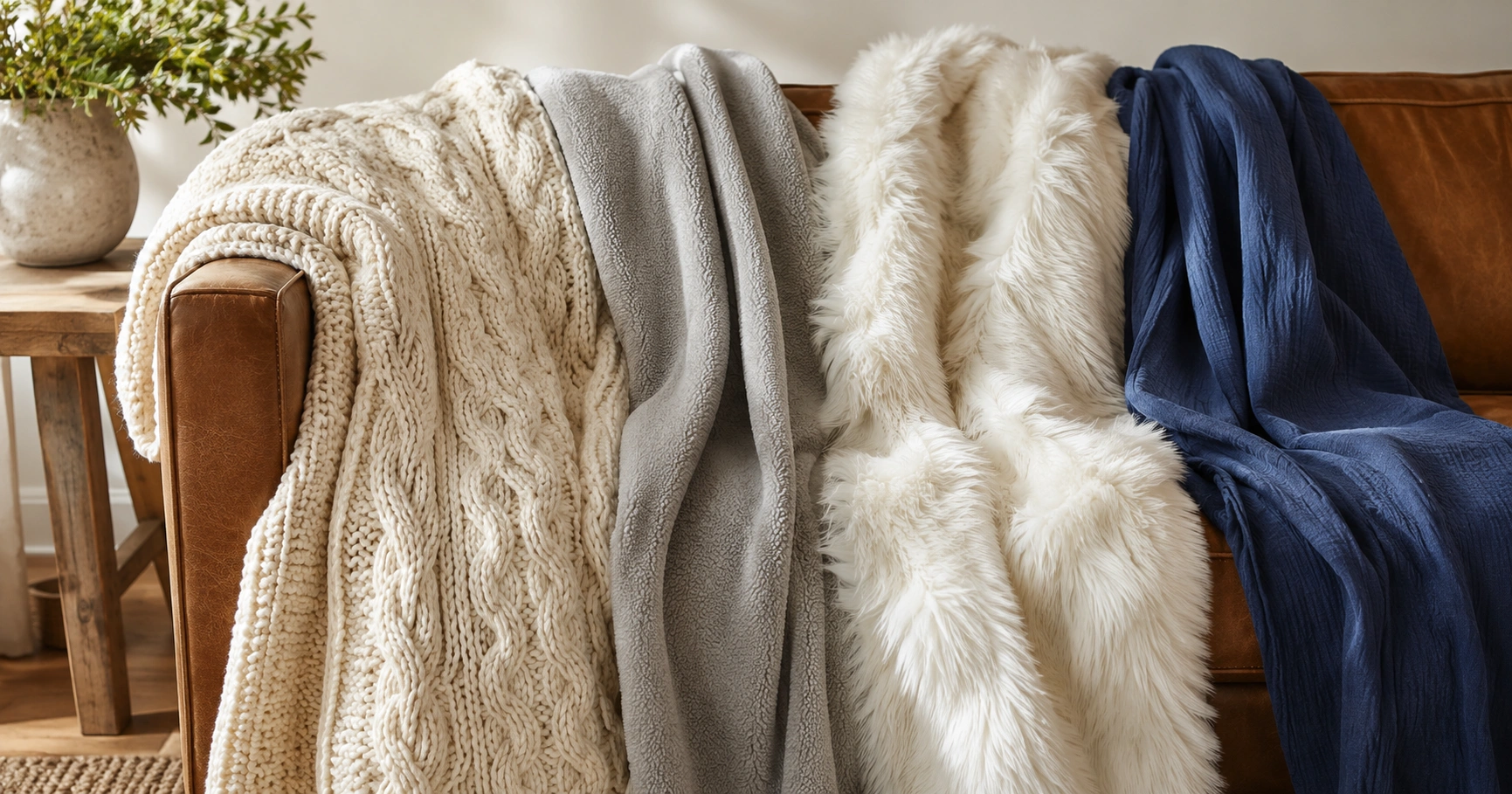 Collection of throw blankets in different materials draped over a sofa arm showcasing knit chunky cable cotton fleece and faux fur textures