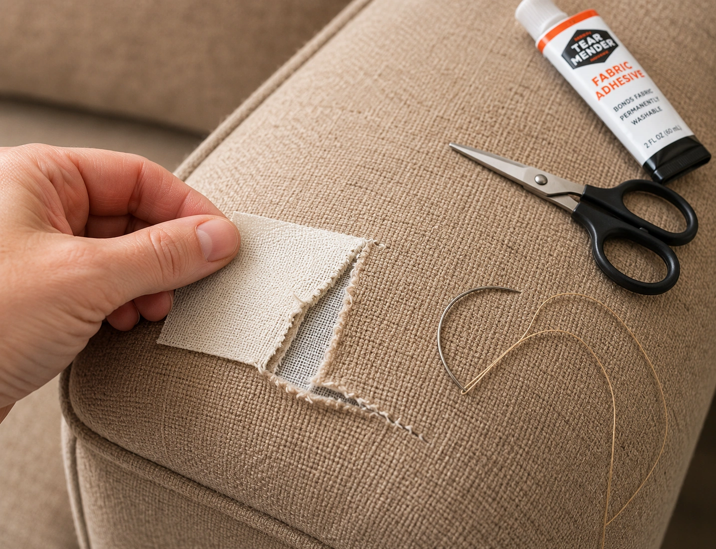 Close-up of torn fabric upholstery on sofa armrest with repair patch being applied