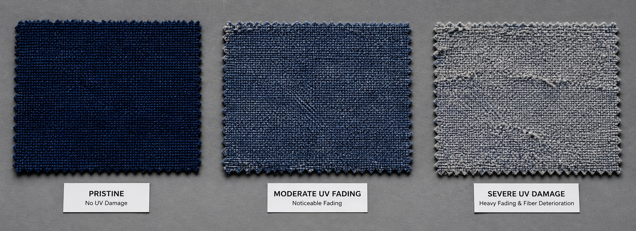 Close-up comparison of faded and non-faded sofa fabric showing UV damage