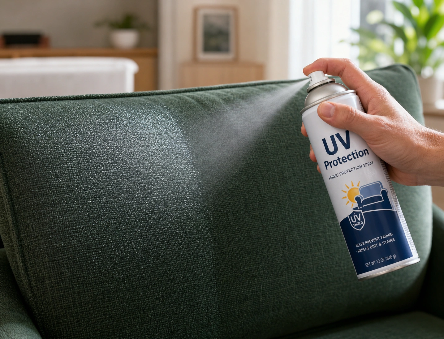 Spraying UV protection treatment onto fabric sofa upholstery