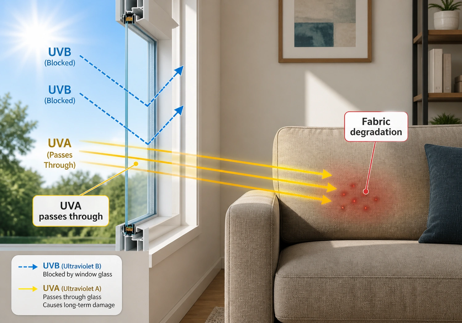 Diagram showing UVA rays passing through window glass onto sofa upholstery