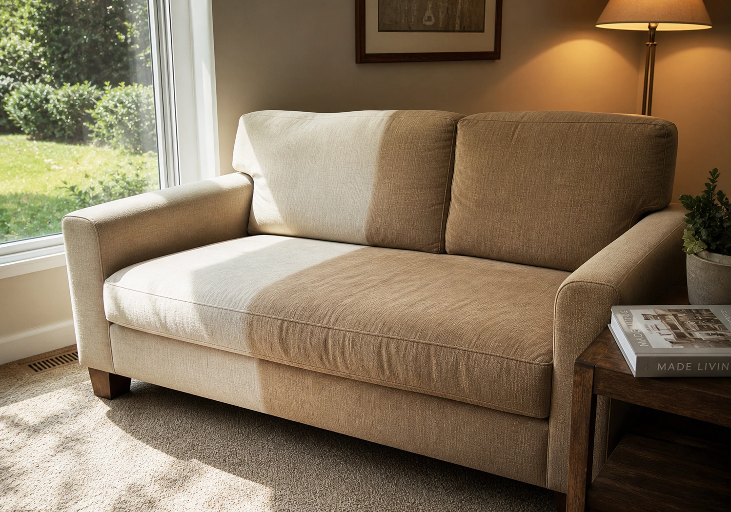Sofa placed near large window showing visible sun fading on one side