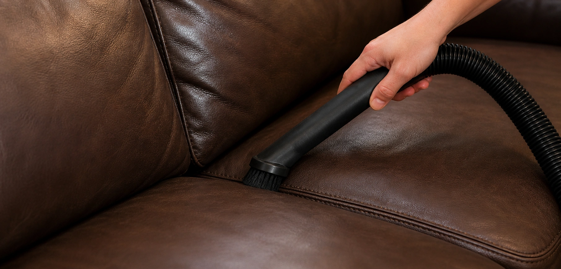 Soft brush vacuum attachment cleaning dust from leather sofa crevices and seams