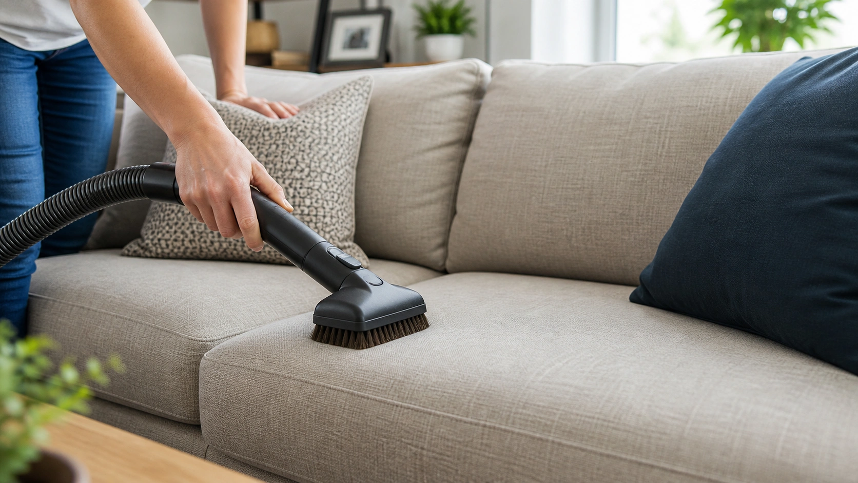 Vacuuming sofa cushions with an upholstery brush attachment