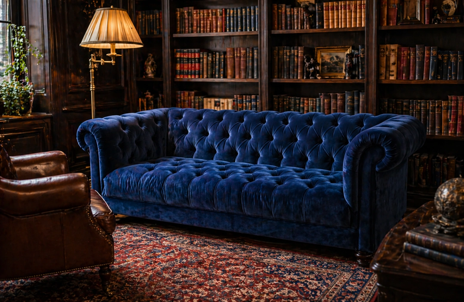 Classic chesterfield sofa upholstered in rich velvet
