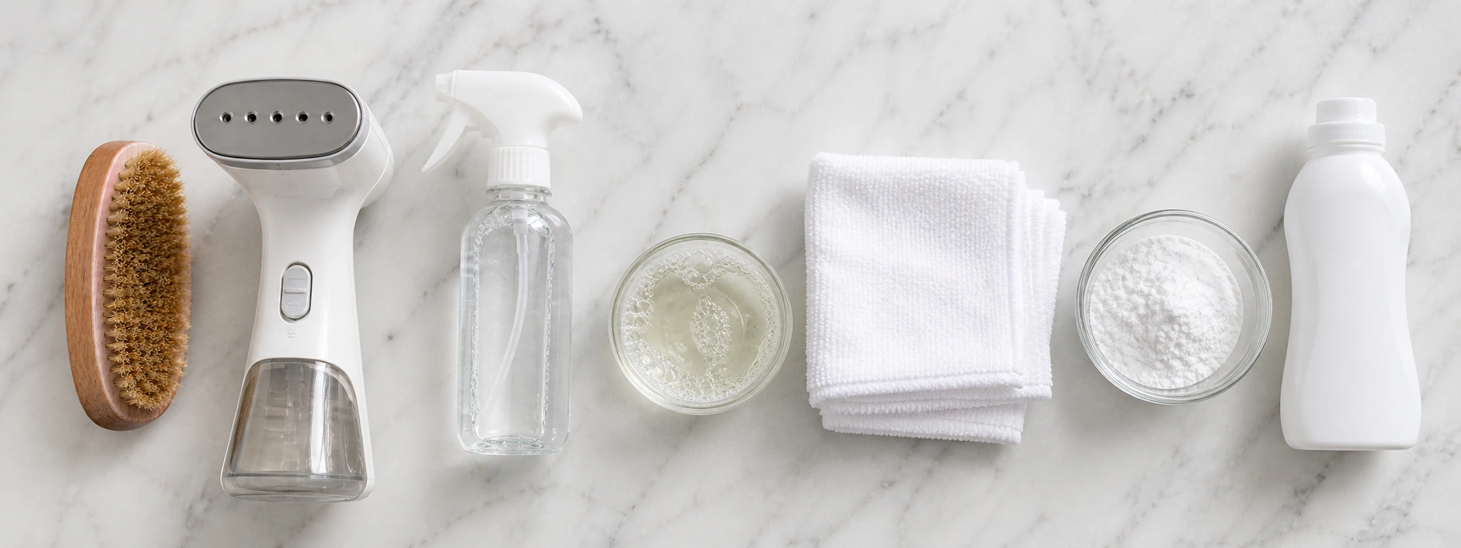 Collection of velvet sofa cleaning supplies including soft brush white cloths mild soap and spray bottle