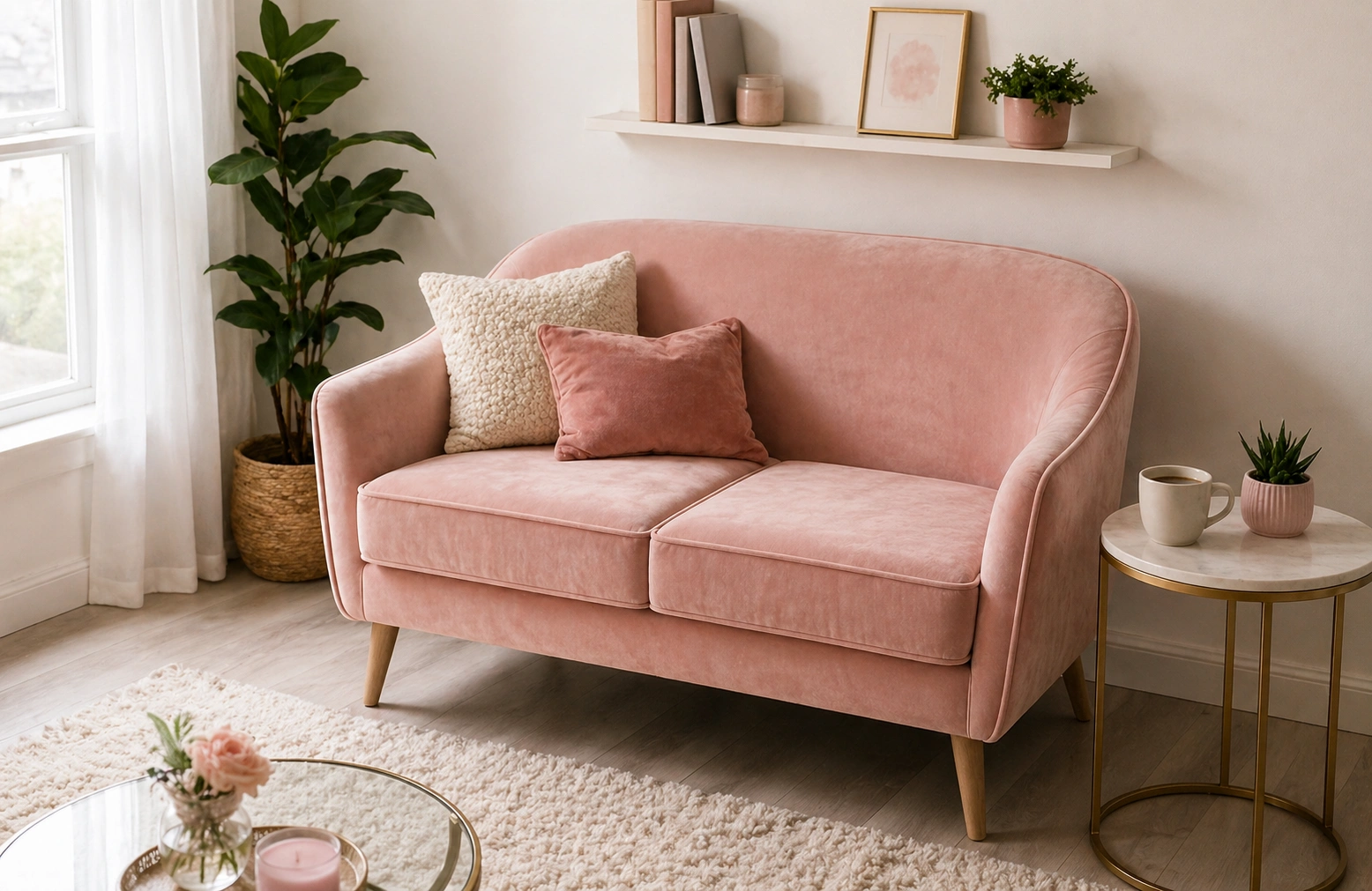Compact velvet loveseat in a cozy apartment setting