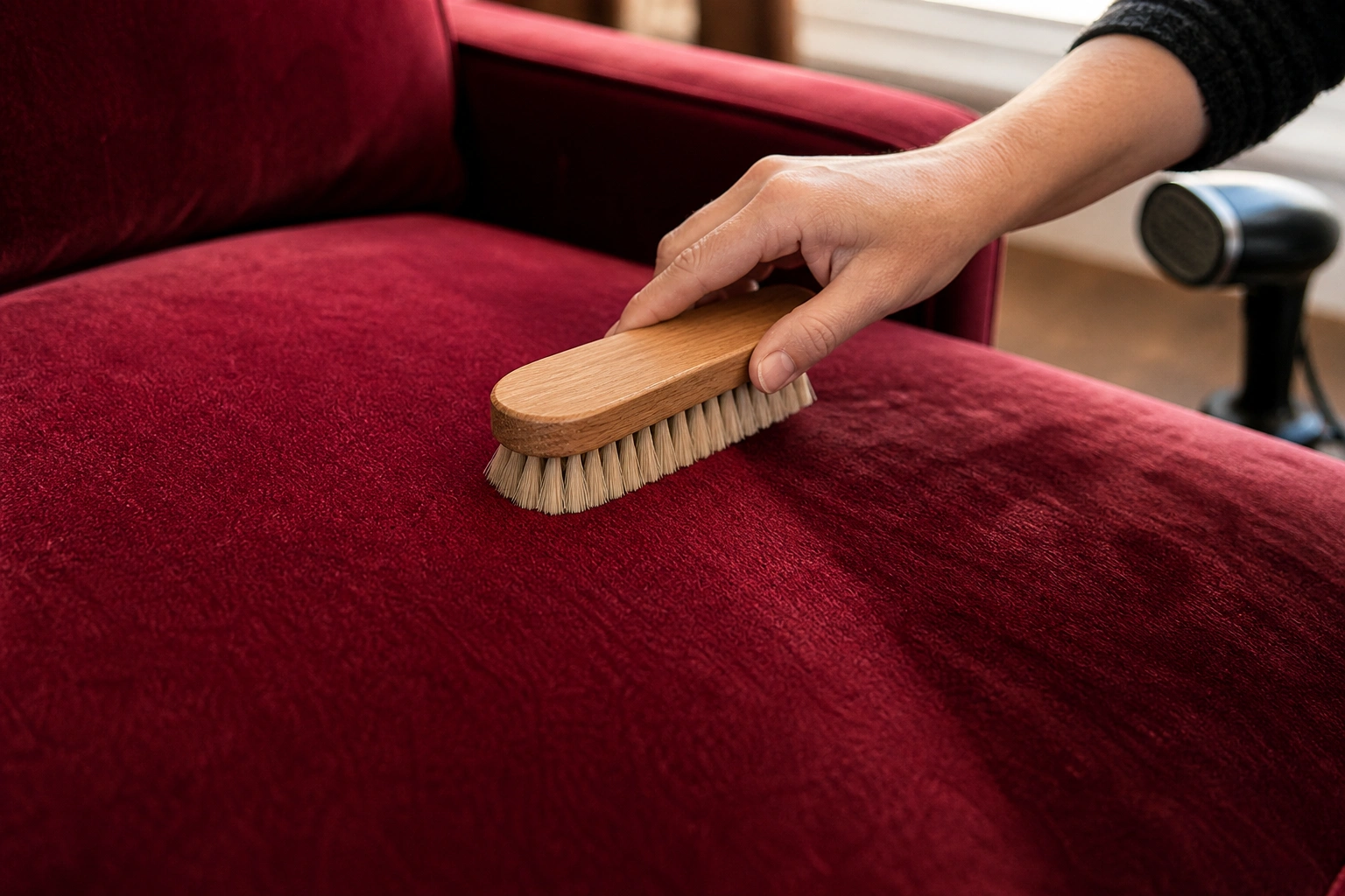 Restoring velvet sofa nap by brushing the fabric fibers upward after steaming to lift crushed areas