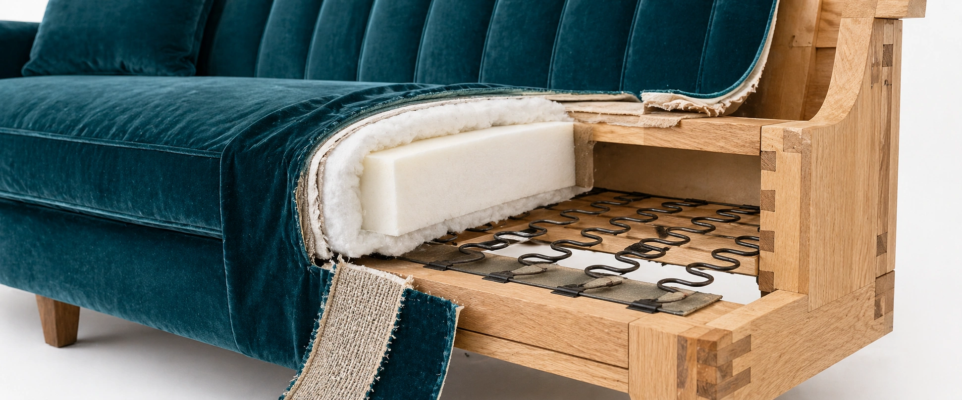 Velvet sofa construction showing frame, cushions and suspension components