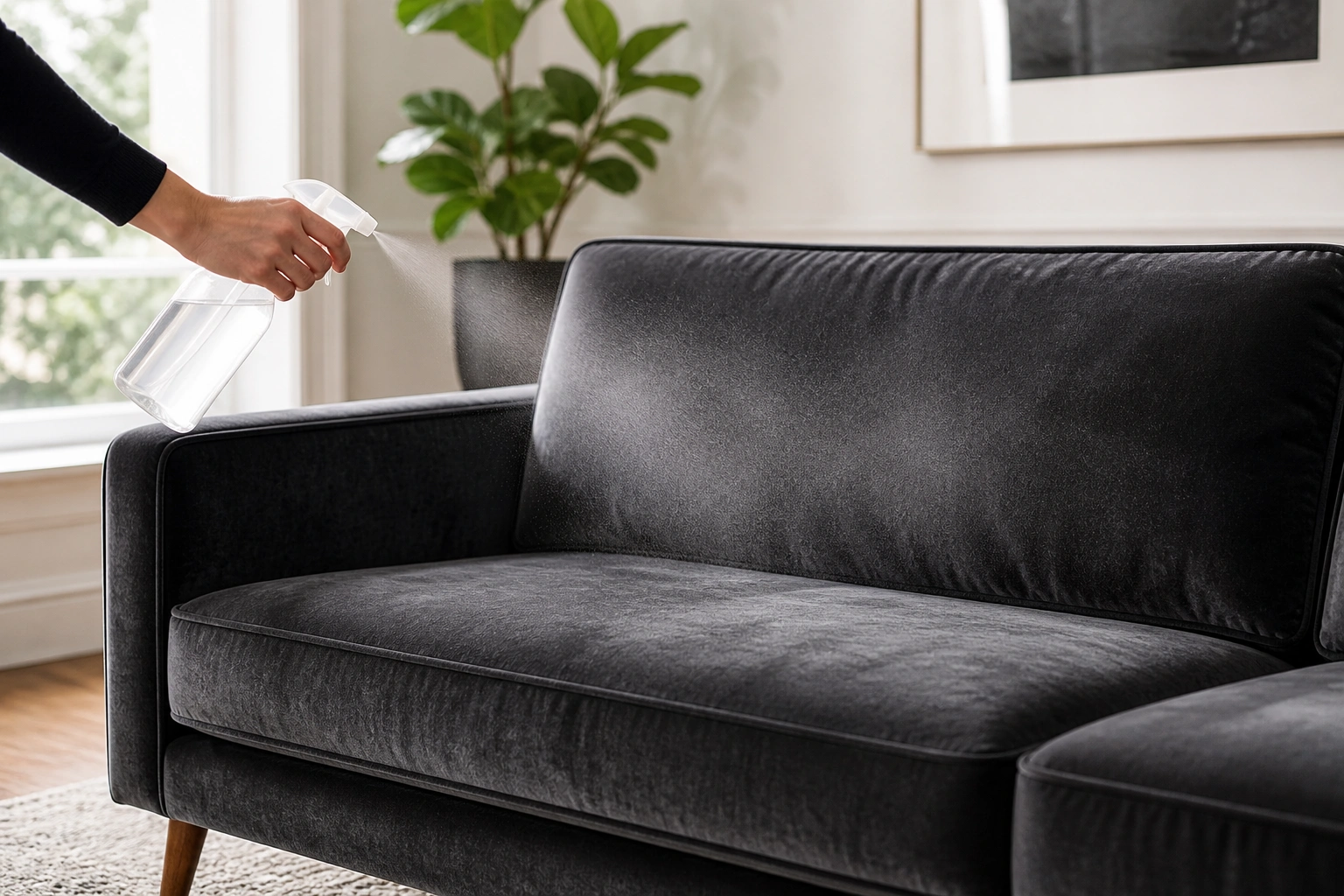Applying fabric protection spray to a velvet sofa in a well-lit living room as a preventive maintenance step