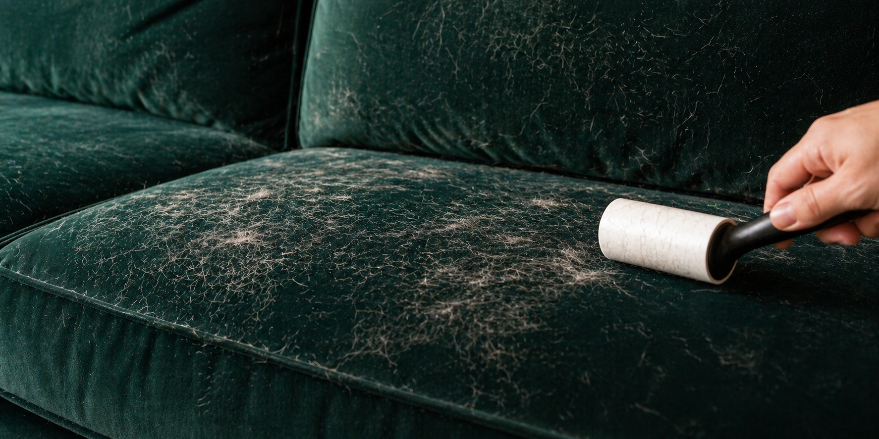 Velvet sofa showing pet hair trapped in pile texture