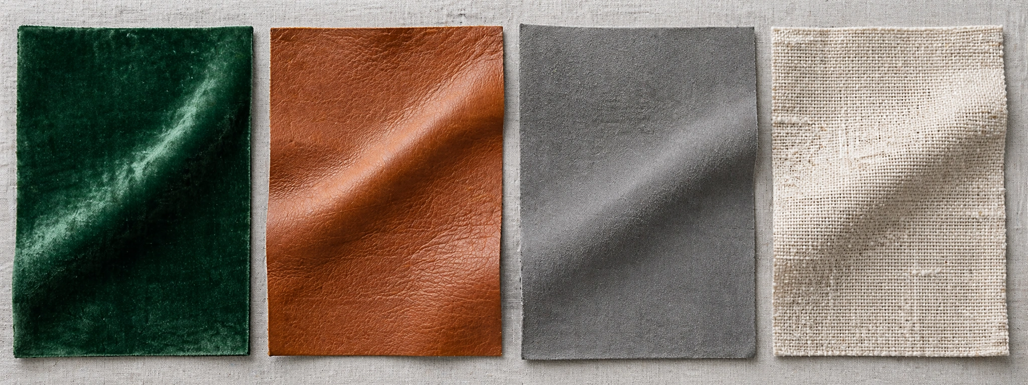Side by side comparison of velvet, leather, and microfiber sofa fabric swatches