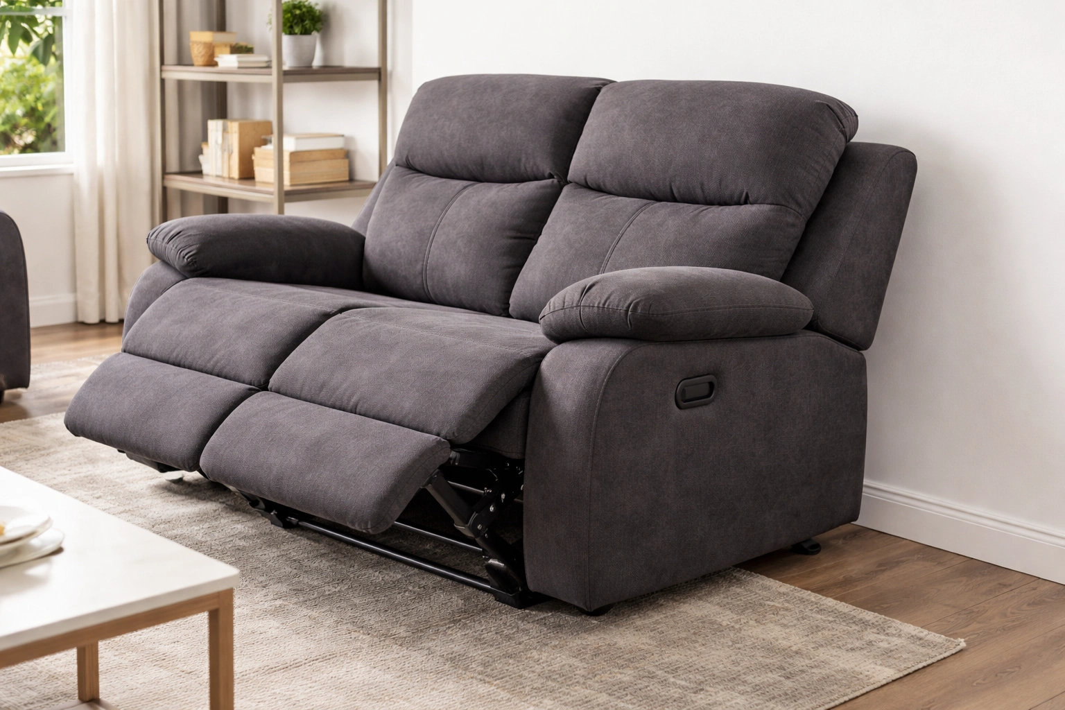 Wall hugger recliner placed close to the wall in a compact room