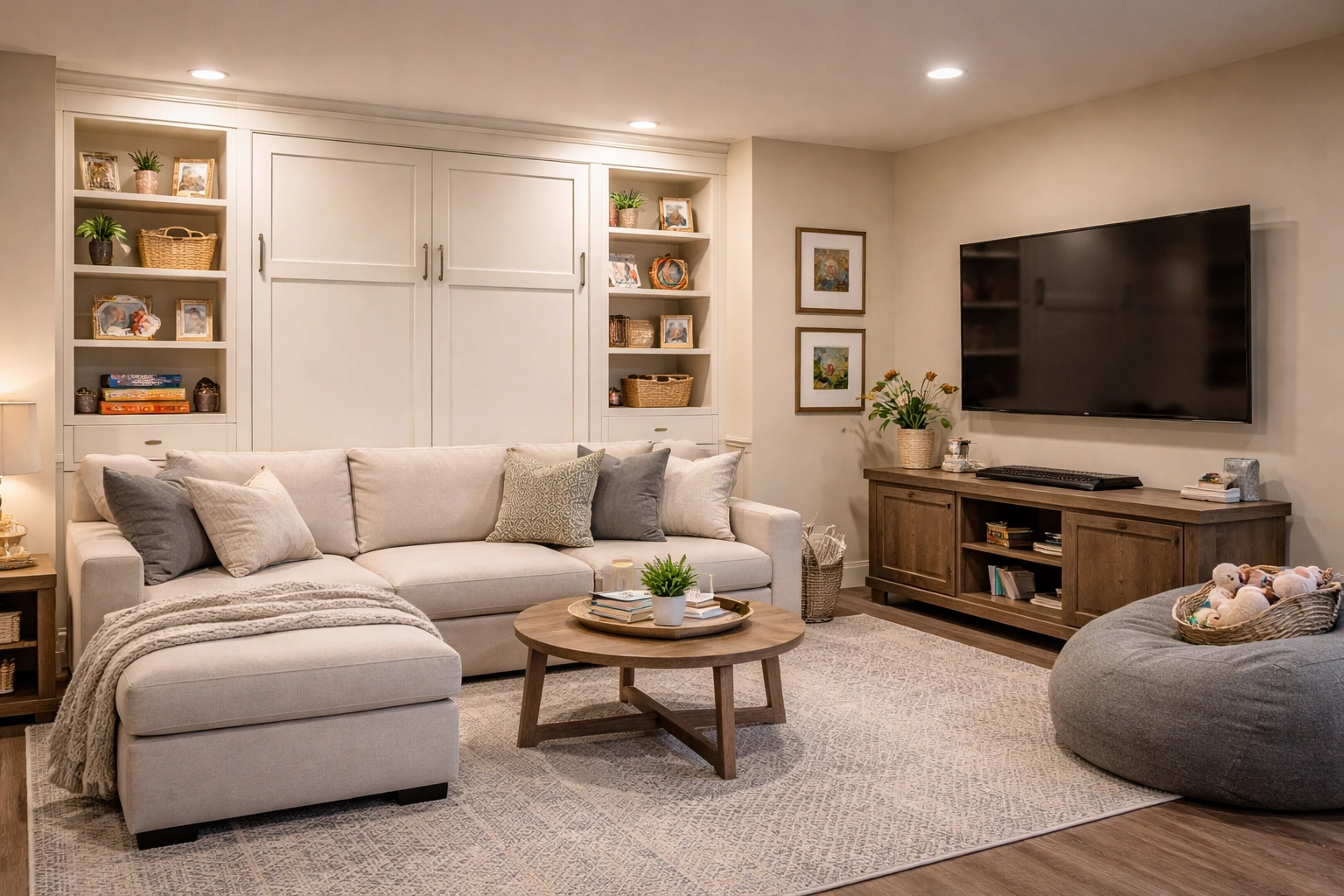 Family room with sofa wallbed for overnight hosting and daily relaxation