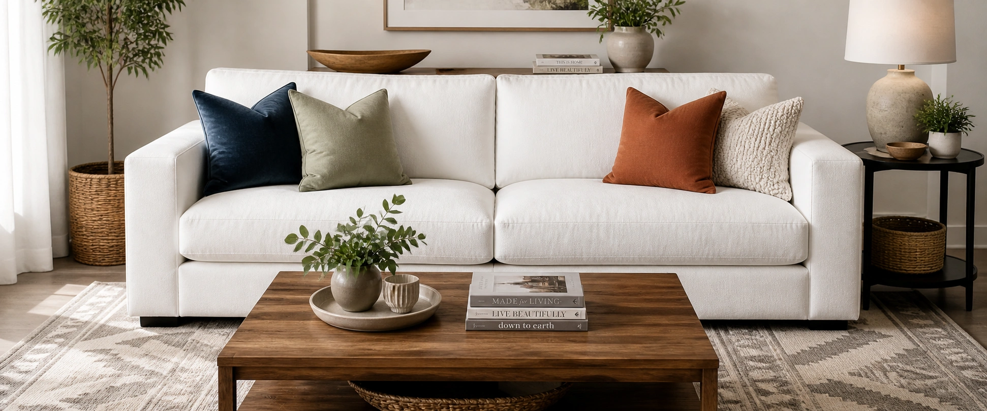 White couch styled with colorful throw pillows and a patterned rug in a living room