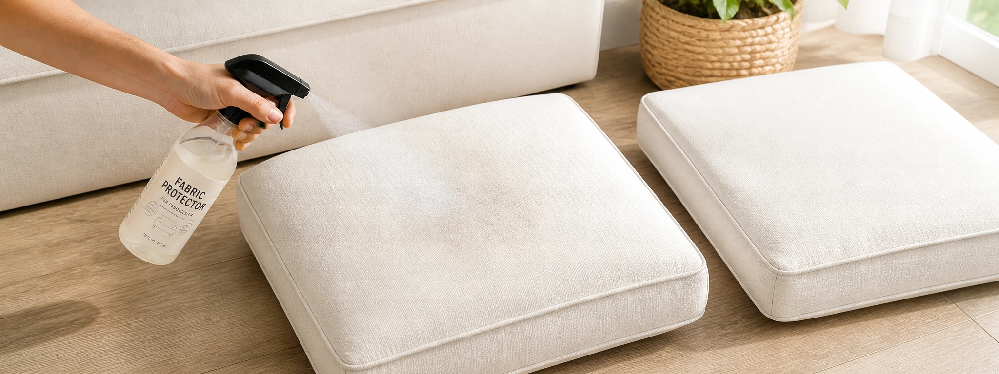 Applying fabric protector spray to a white couch for stain prevention