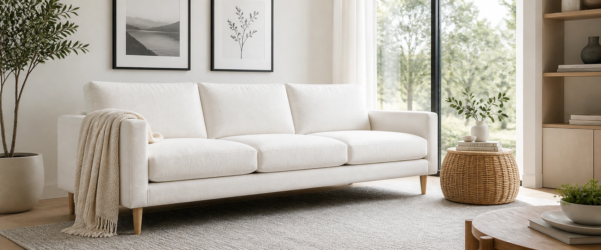 White couch in a bright living room with natural light and neutral decor