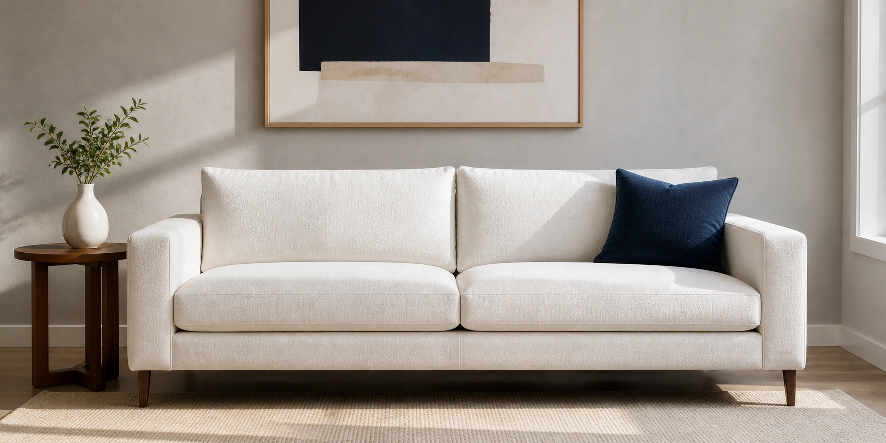 Modern white couch with clean lines and tapered legs in a minimalist living room