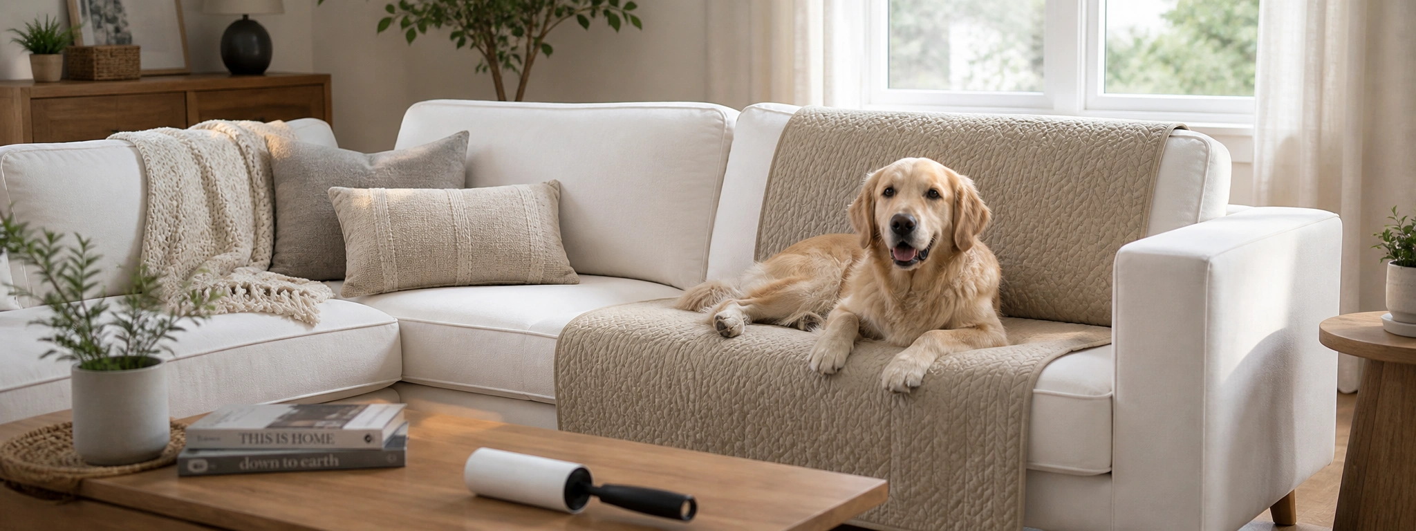 Dog sitting on a white performance fabric couch with a washable cover