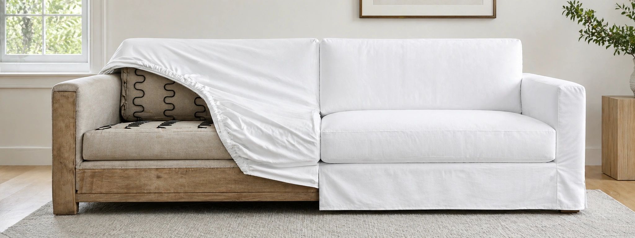 White slipcover being placed on a sofa frame showing the fitted cover design